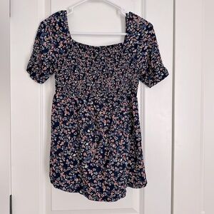 Isabel Maternity Navy Floral Smocked Blouse Size XS